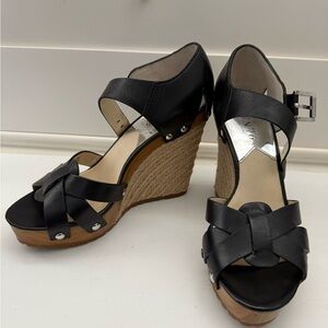 Michael Kors Black Leather Wedge Sandals size 7 NEW
